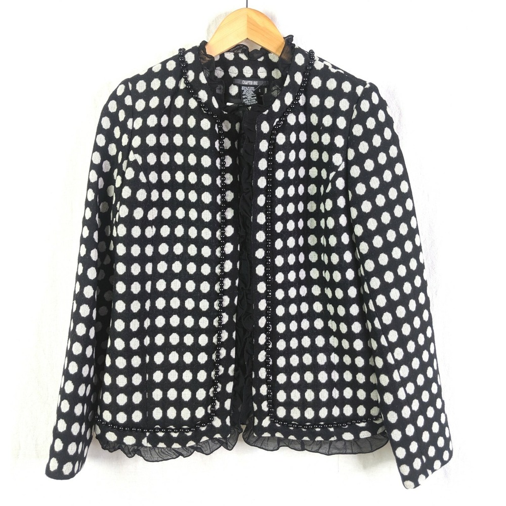 Chapter One Blazer Jacket Womens 4 Black White Polka Dot Business Career Preppy